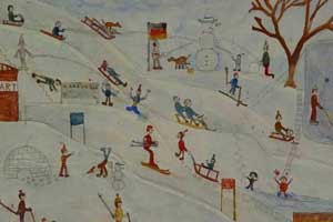 滑雪儿童水彩画 快乐的滑雪水彩画