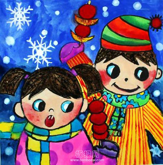 快乐的冬天水彩画 儿童新年水彩画