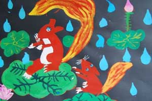 下雨的荷塘水粉画 松鼠儿童水粉画