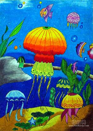 海底世界油画棒画 海底世界蜡笔画