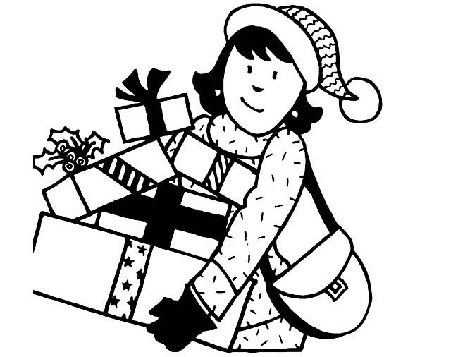 圣诞节购物简笔画_圣诞节女人抱礼物简笔画