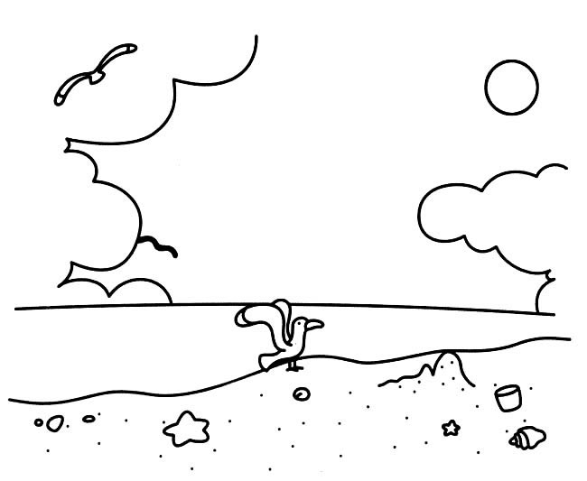 沙滩风景简笔画图片 沙滩海鸥黑白画