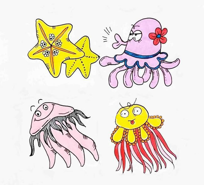 四种海洋生物彩色简笔画 海洋生物怎么画