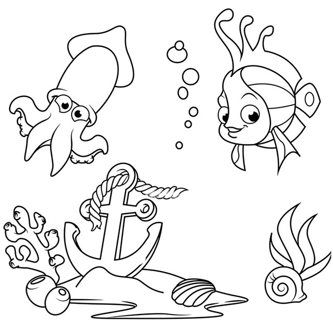 海底世界简笔画之珊瑚鱼和乌贼怎么画