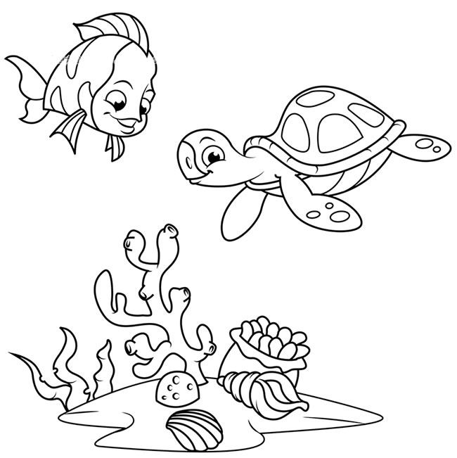 海底世界珊瑚鱼和海龟简笔画图片