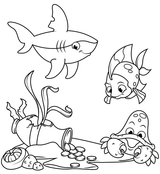 鲨鱼珊瑚鱼和螃蟹简笔画图片怎么画