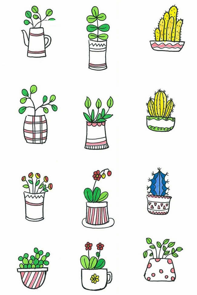 72款彩色盆栽植物简笔画图片 彩色盆栽怎么画