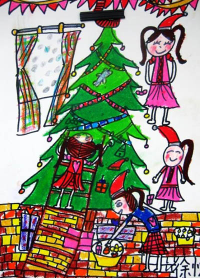 女孩装扮圣诞树儿童水彩画图片