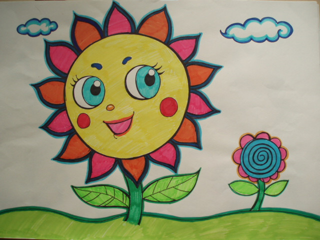 大眼睛向日葵花 儿童水彩画