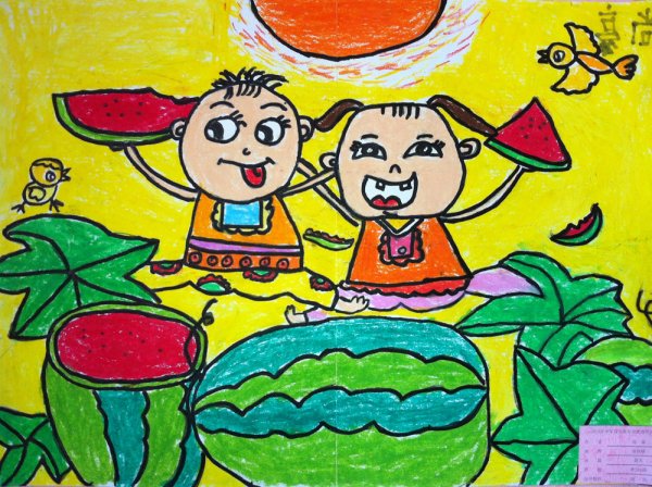 儿童吃西瓜水彩画图片