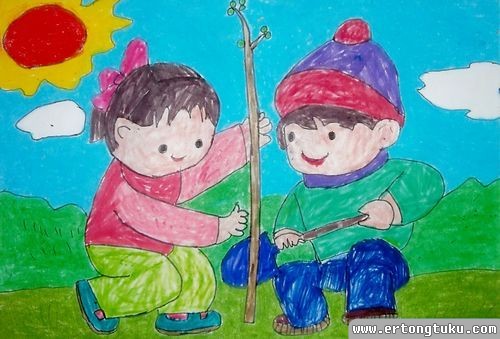 儿童水彩画 小朋友种树