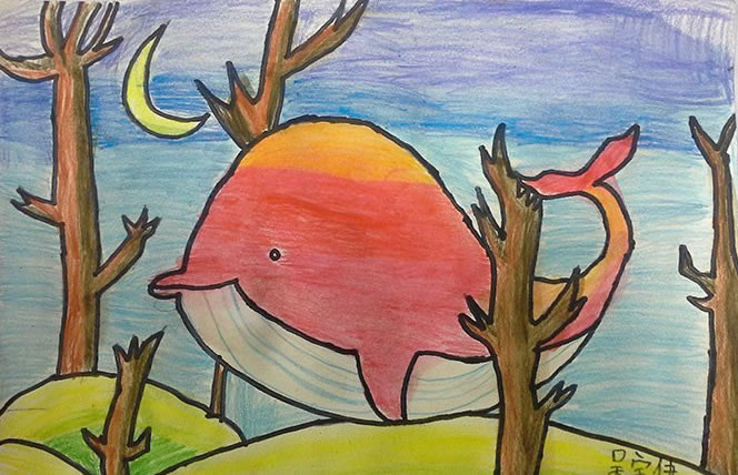 儿童水彩画 海豚和月亮