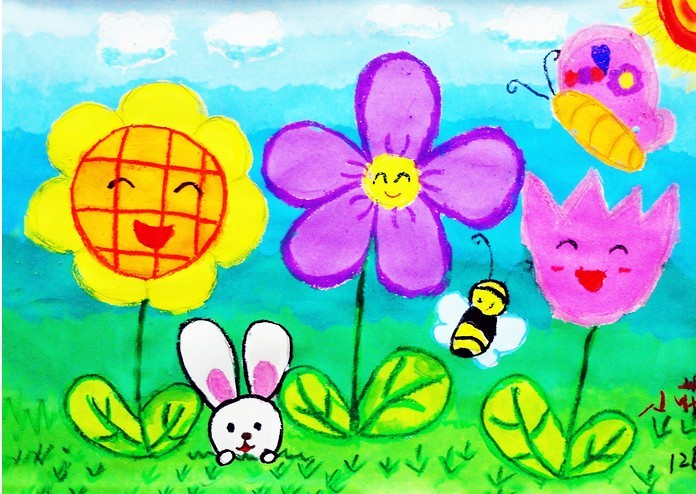 儿童水彩画：快乐草坪
