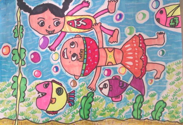 儿童水彩画作品--暑期海边游玩