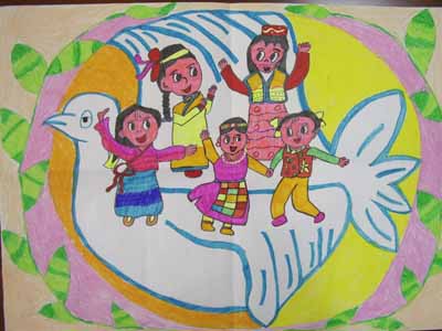 儿童水彩画 《民族团结,世界和平》