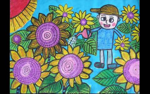 儿童水彩画；给花浇水