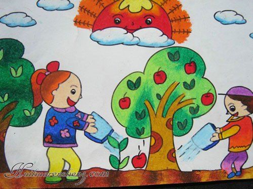 儿童水彩画：我们来浇花
