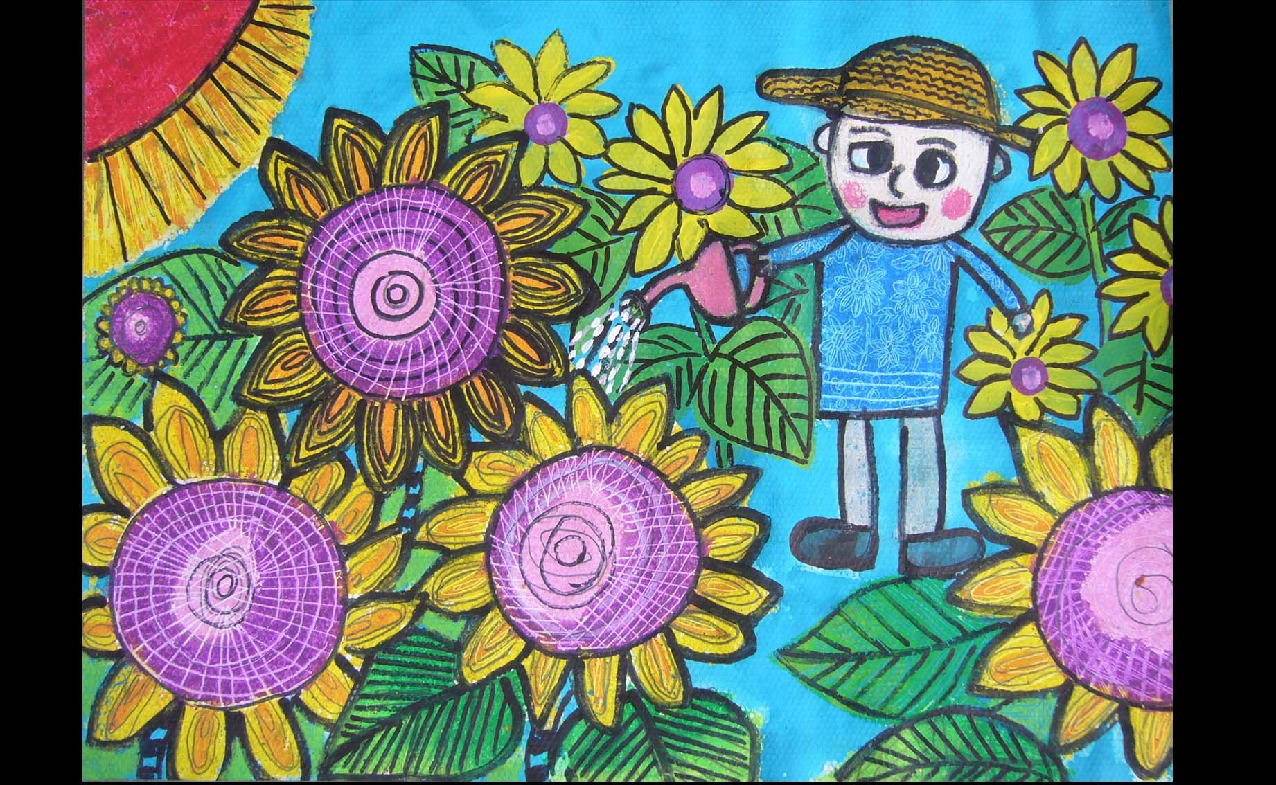 儿童水彩画；给花浇水