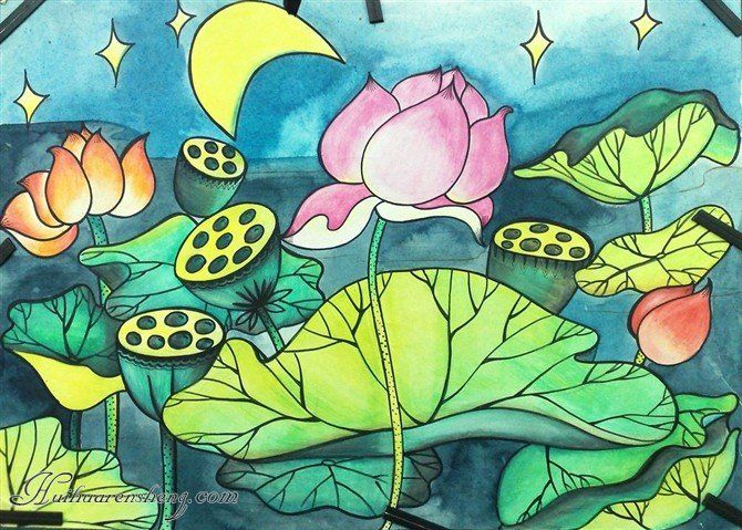 儿童水彩画：池塘里的荷花