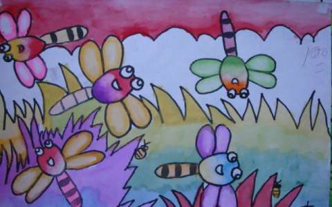 儿童水彩画 ：美丽的蜻蜓