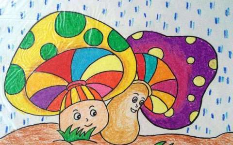 儿童水彩画：雨中的蘑菇