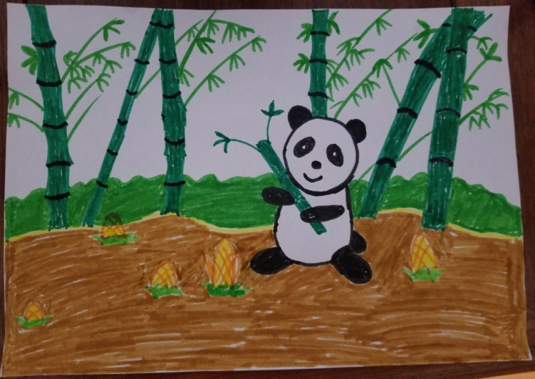 儿童水彩画：竹林里的熊猫