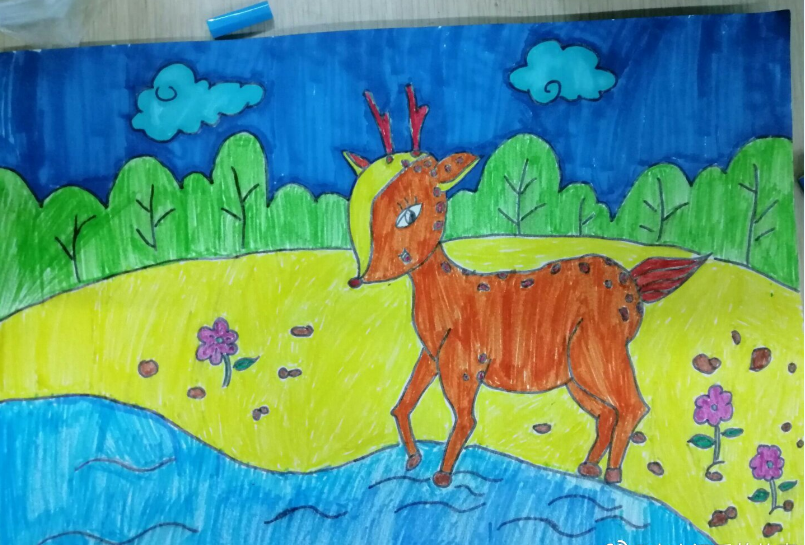 儿童水彩画：小鹿过河