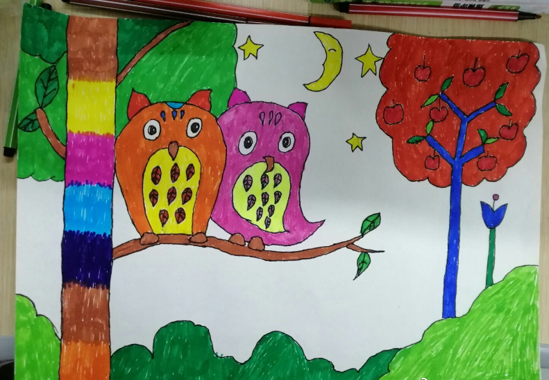 儿童水彩画：两只猫头鹰
