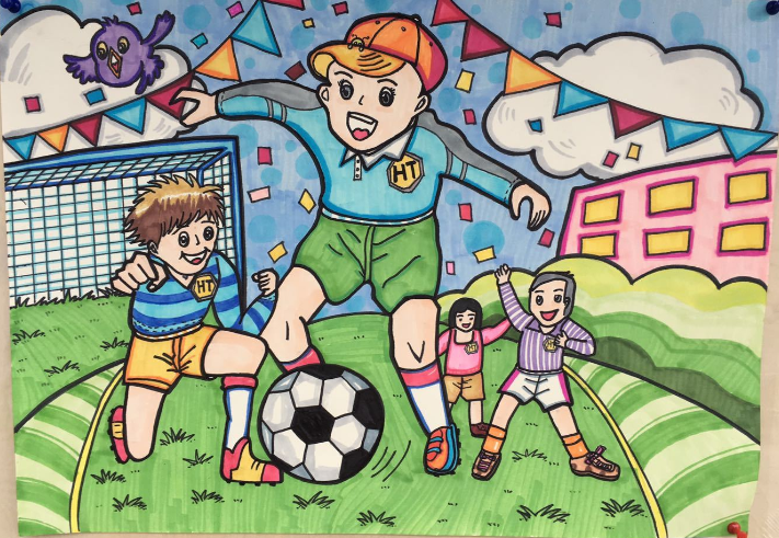 儿童水彩画:踢足球男孩