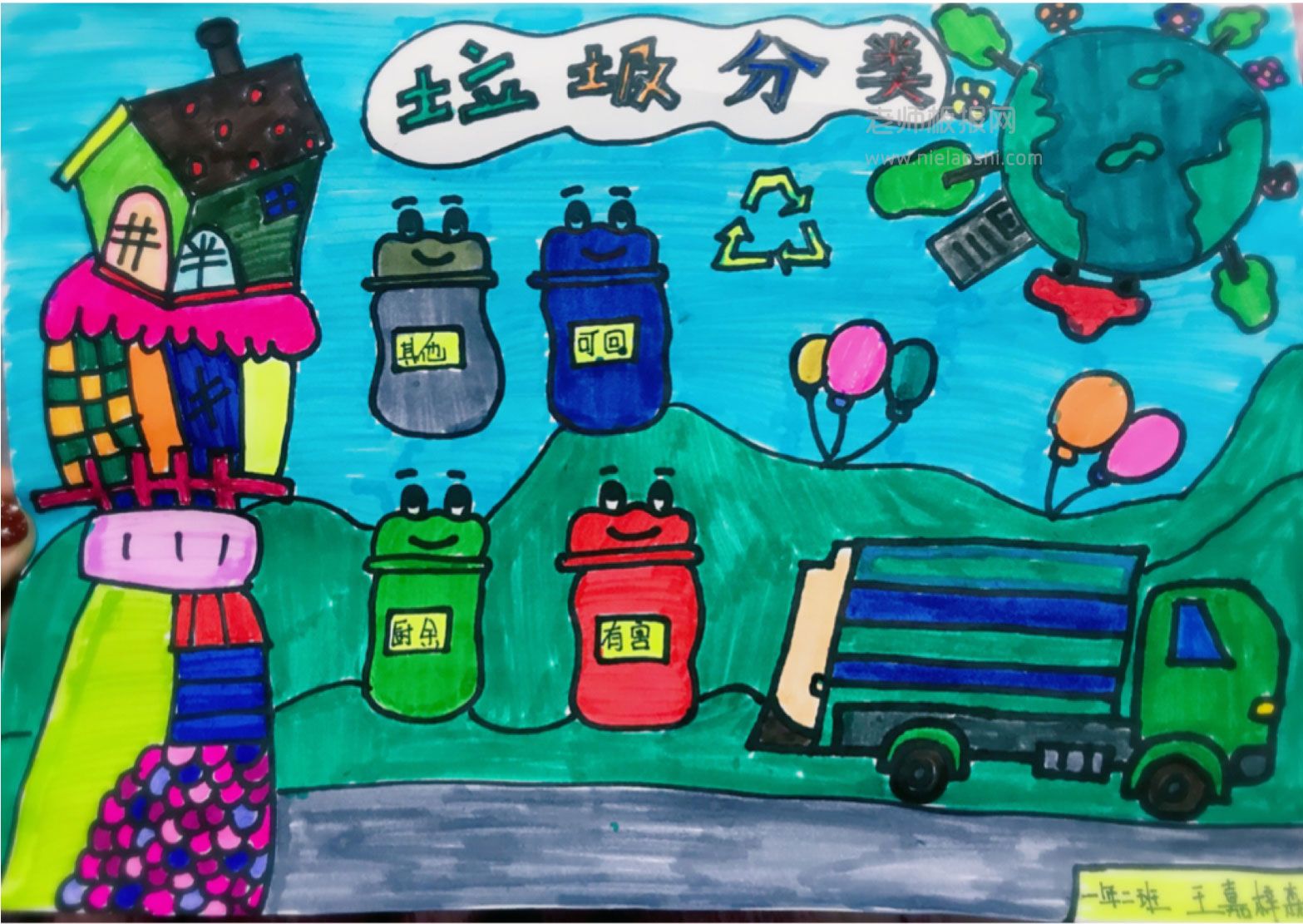 儿童水彩画：垃圾分类