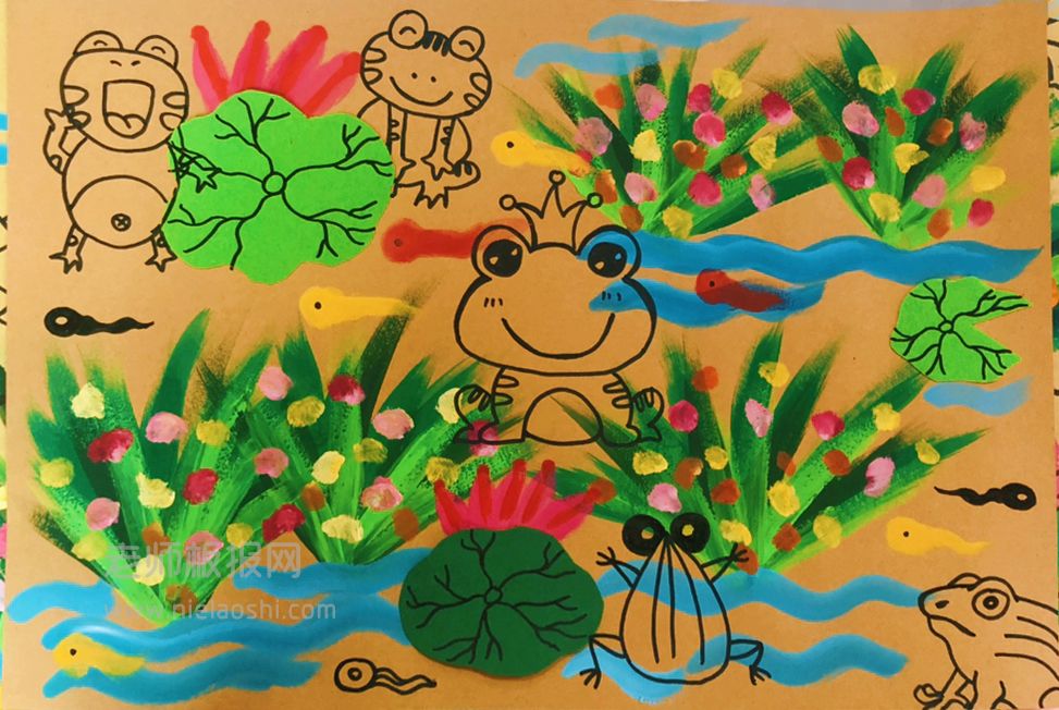 儿童水彩画：池塘景色