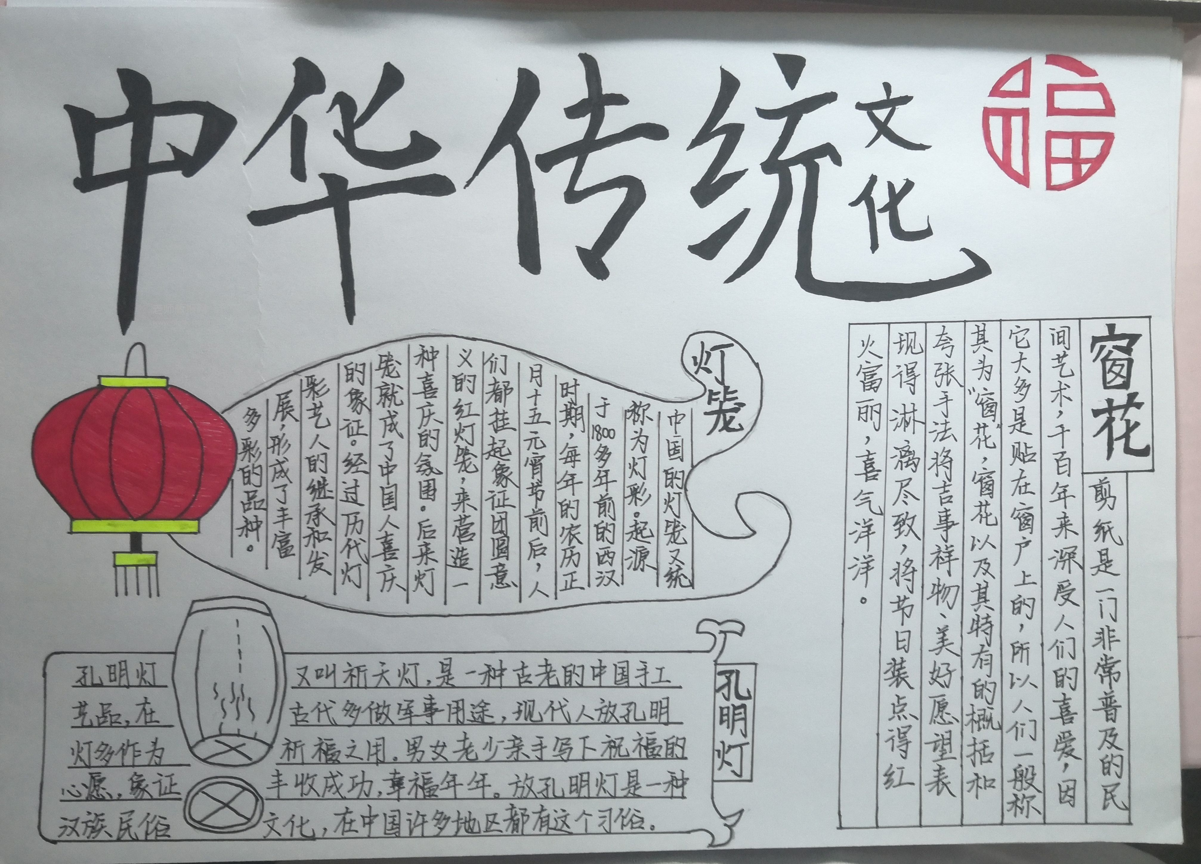 中华传统文化手抄报 剪纸、窗花、孔明灯