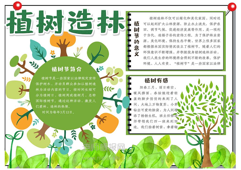 卡通绿色植树造林学生植树节小报