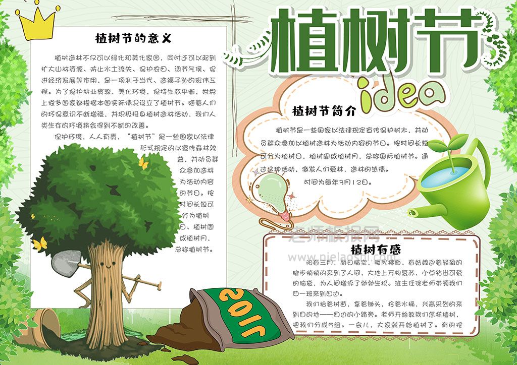 绿色卡通植树节小报312植树造林校园学生电子手抄报模板