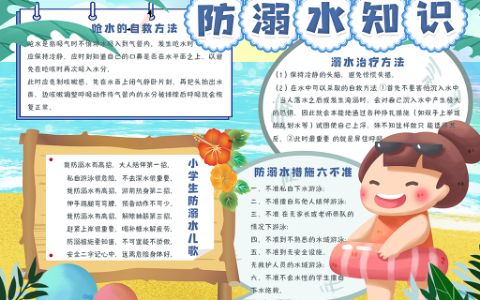卡通可爱夏季防溺水学生手抄报word电子模板