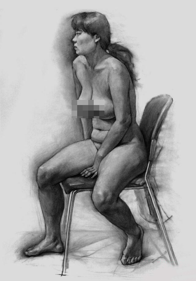 女性素描图片 坐姿少女人体素描