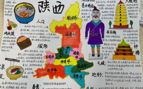 走进陕西地理手抄报绘画内容 风俗+景区+美食服饰+地势气候