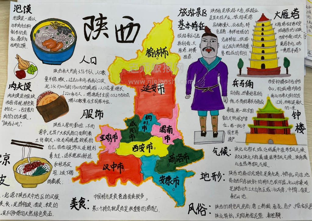 走进陕西地理手抄报绘画内容 风俗+景区+美食服饰+地势气候