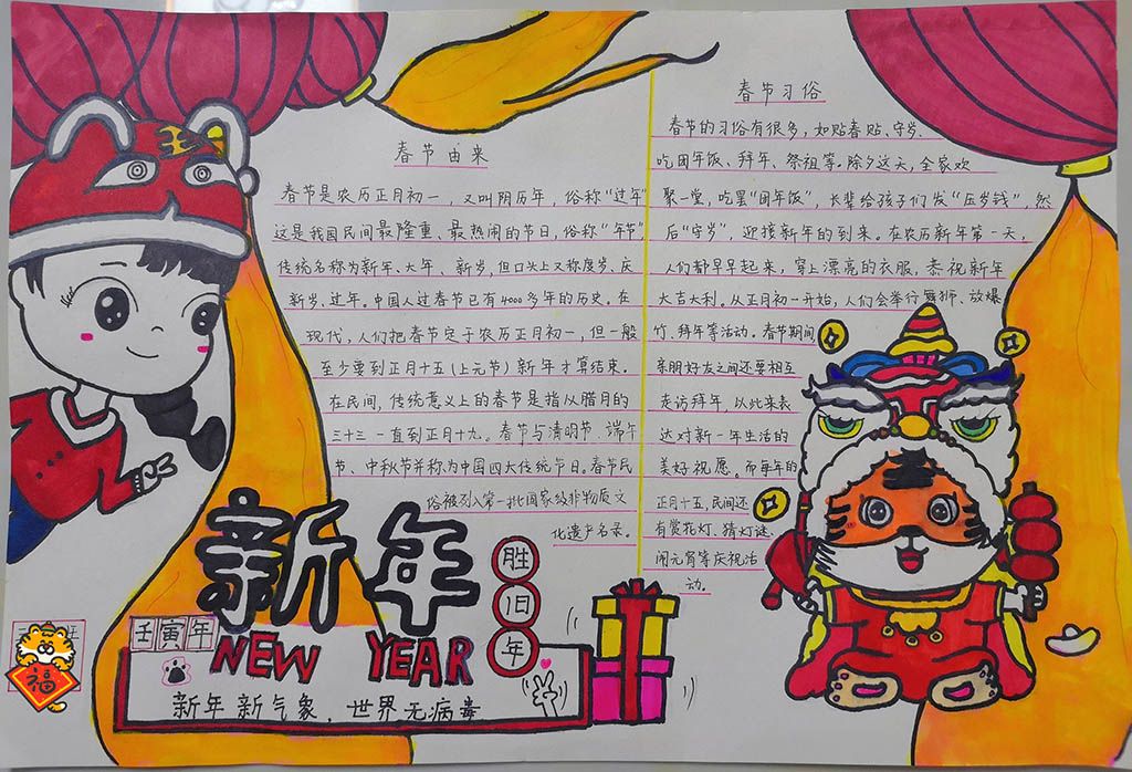 新年春节手抄报绘画图片含文字内容 春节由来+春节习俗