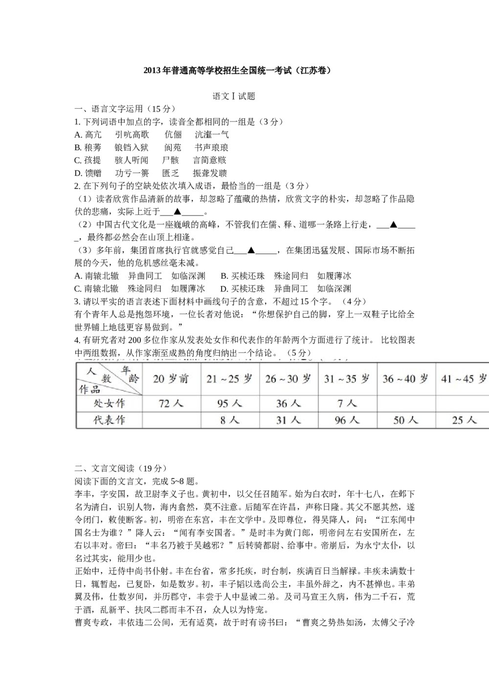 江苏2013年全国统一高考语文试题及答案
