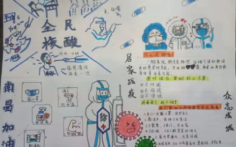 全民核酸·居家隔离·众志成城·南昌加油手抄报绘画图片