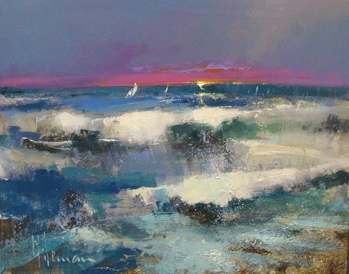 一组海景色彩画作品欣赏，海边落日与浪花风景色彩画