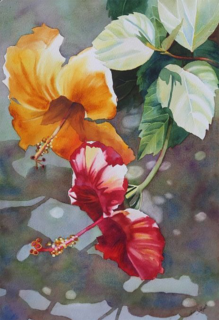 强烈的光感色彩画作品绘画内容：花卉+果盘+鹤