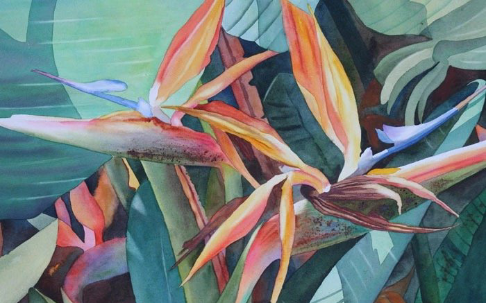 强烈的光感色彩画作品绘画内容：花卉+果盘+鹤