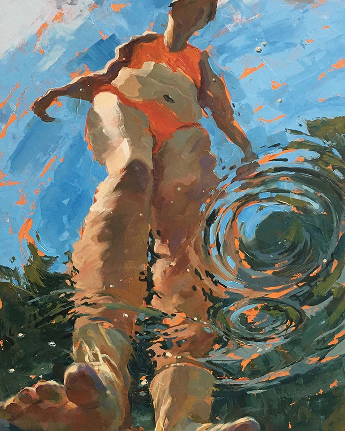 水中视角人物油画作品欣赏，富有质感的油画图