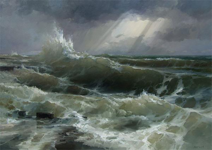 海浪风景油画欣赏图·多彩天空下的海浪