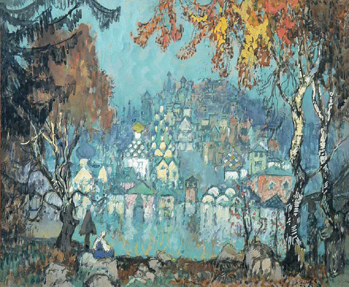 俄罗斯风景油画作品欣赏·路途中的建筑城堡房屋景色图画