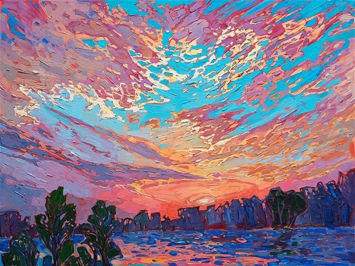 天空晚霞风景油画·印象主义色彩表现动态风景画欣赏