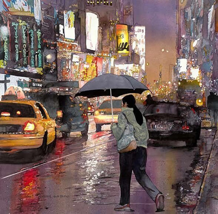 城市街头色彩画欣赏·建筑-马路-车流-水彩色彩画作品