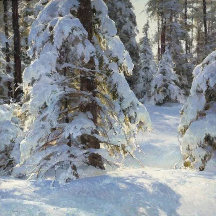 冬日雪地风景油画图·辽阔的原野油画欣赏